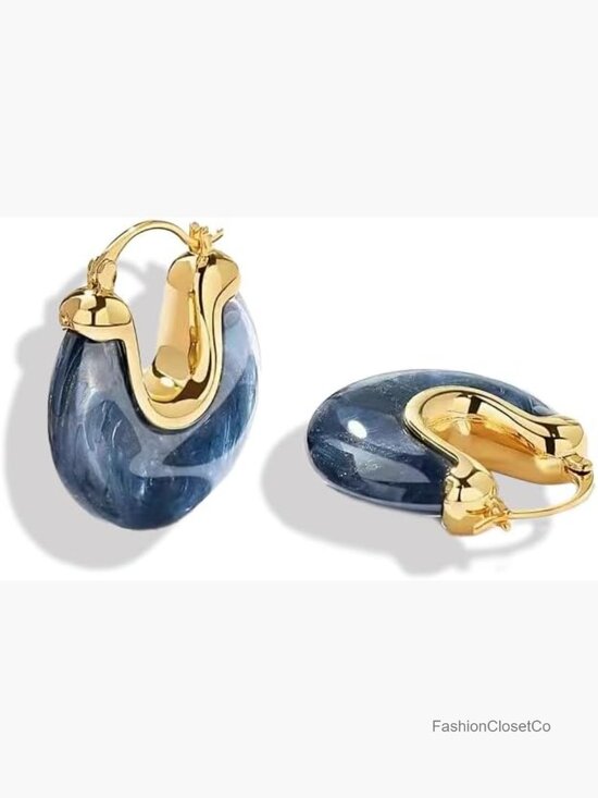 Jewelry - 14K Gold Plated Amber Resin Chunky Hoop Earrings Dangle Huggie